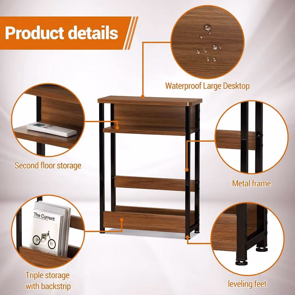 London Boutique 3-Tier Narrow Side Table with Magazine Rack in Walnut and Black – 5
