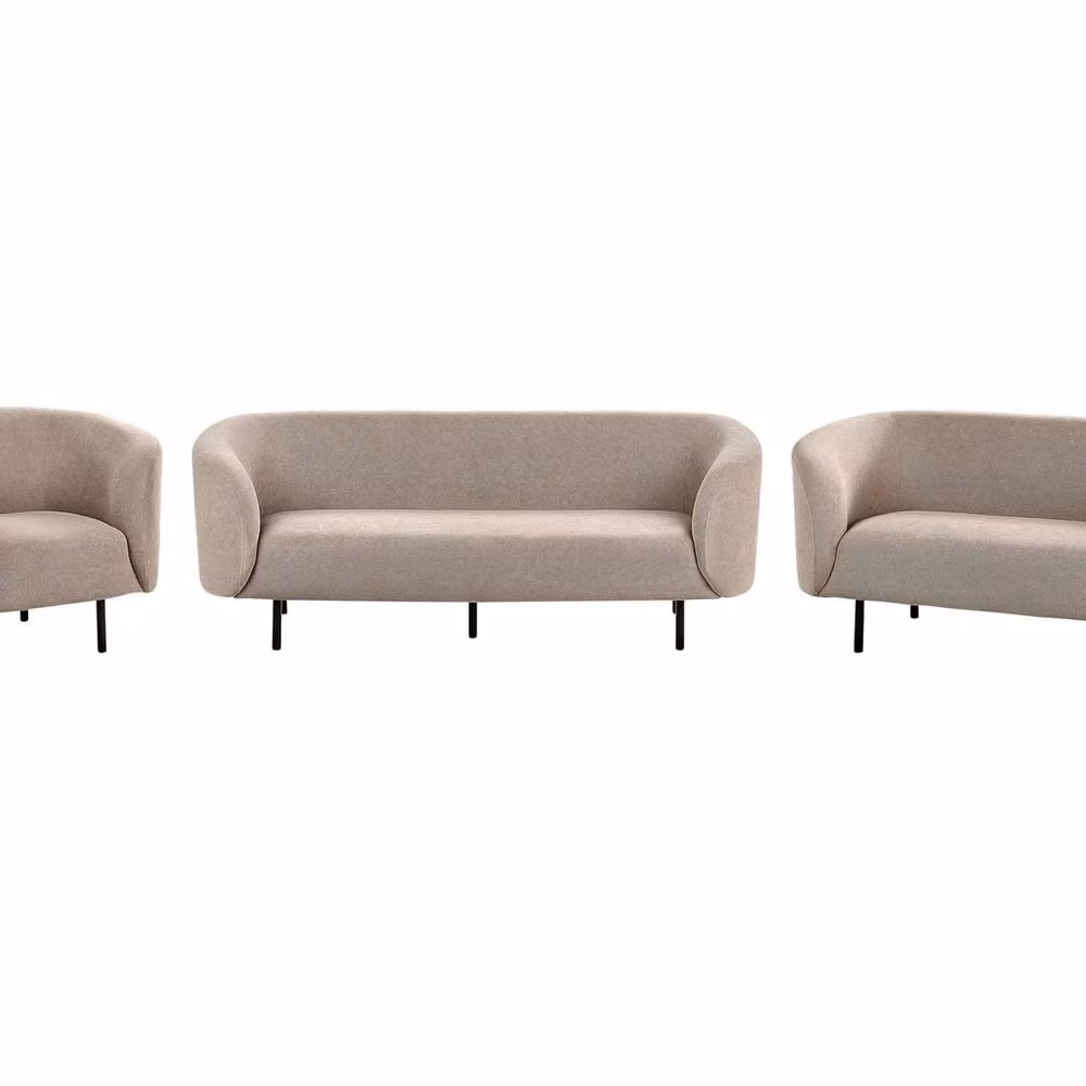 Wyld and Coco Mid-Century 3-Seater Sofa, 2-Seater Loveseat and Armchair Set in Beige Polyester Fabric with Black Metal Legs – 2
