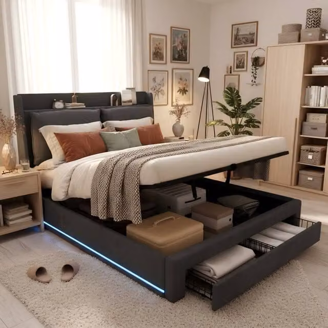 Rolipo Grey Velvet Upholstered King Size Bed with Under-Bed LED Lighting and Lift-Up Storage W/D/H: 180 x 200 cm – 1