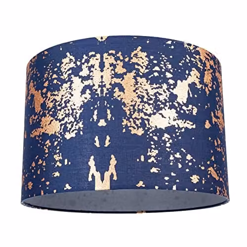 Happy Homewares Modern Round Cotton Fabric Lamp Shade in Blue with Copper and Silver Foil Design, Diameter: 30 cm