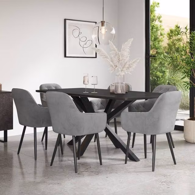 More4Homes Juno Concrete Ceramic Dining Table and 6 Anika Velvet Chairs in Grey and Black, W/D/H: 180 x 90 x 75 cm