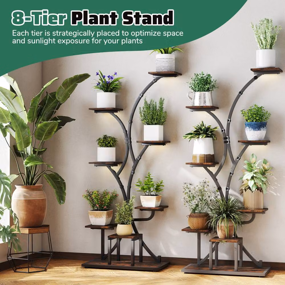 Gymax 8-Tier Metal Indoor Plant Stand with Grow Lights in Brown – 6