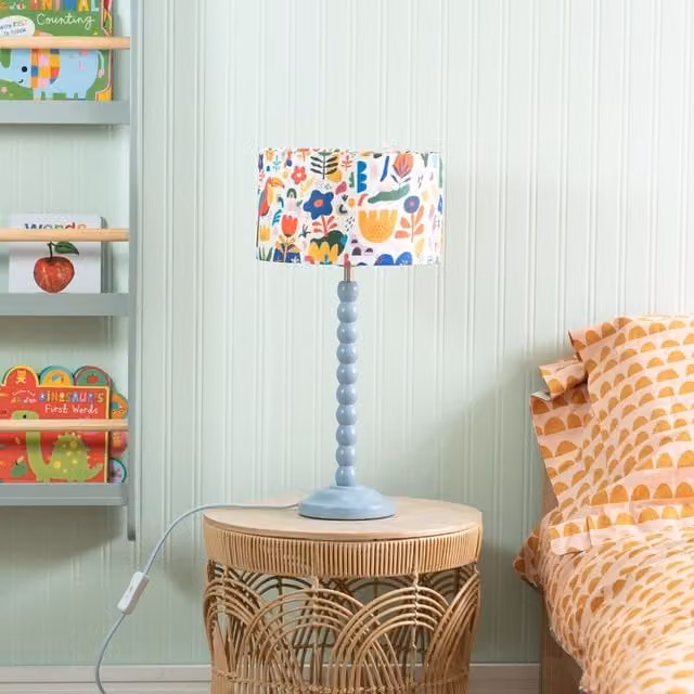 ValueLights Blue Bobbin Stem Table Lamp with Multicolour Jungle Drum Shade