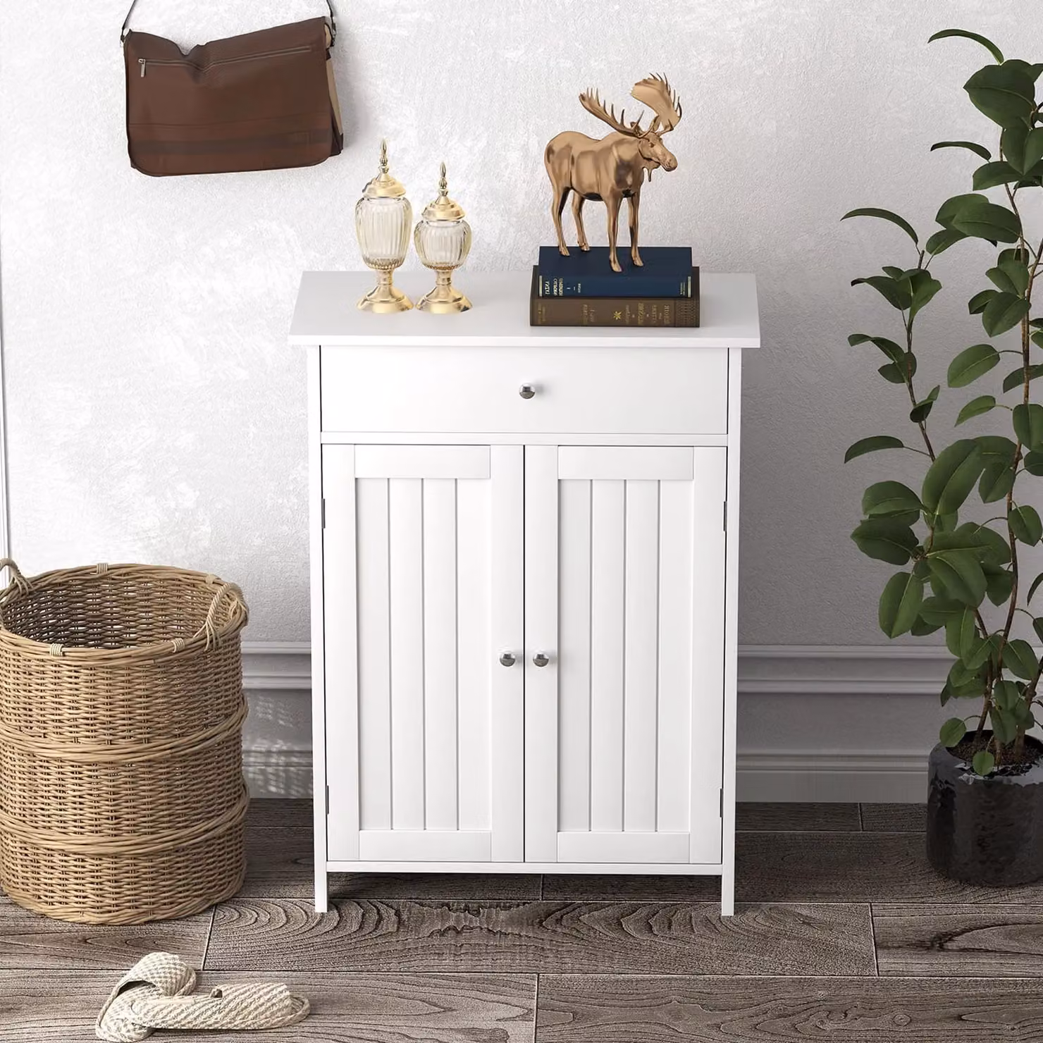 Gymax White Freestanding Bathroom Floor Cabinet with 2 Hinged Doors and Internal Shelves – 3