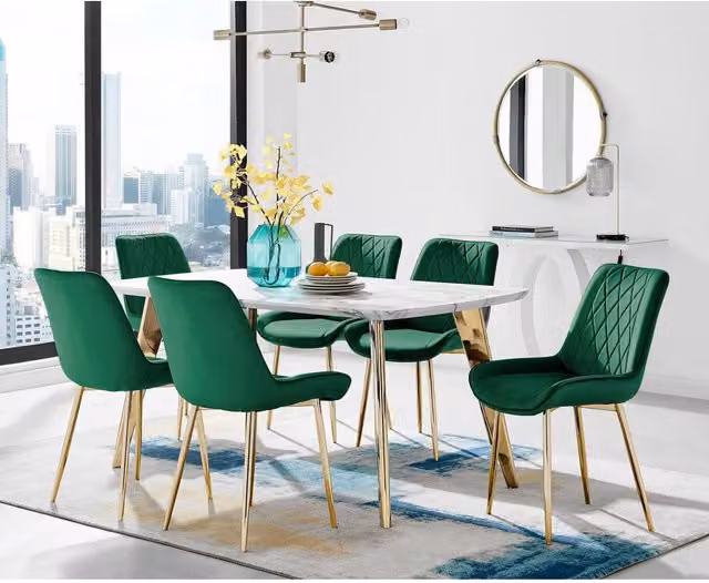 FurnitureboxUK Andria Green Marble Effect Dining Table and 6 Pesaro Gold Leg Chairs