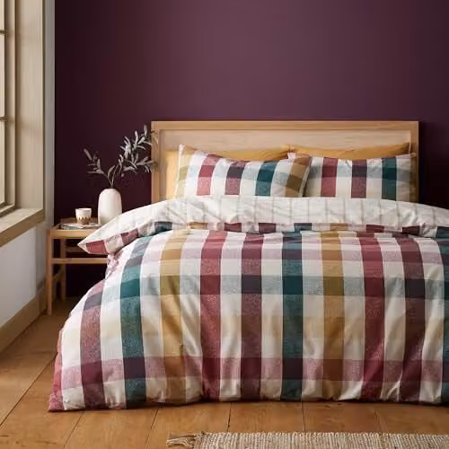 Catherine Lansfield Autumn Check Reversible King Duvet Cover and Pillowcase Set in Purple and Multicolour, Duvet Cover: 180 x 200 cm, Pillowcases: 50 x 75 cm