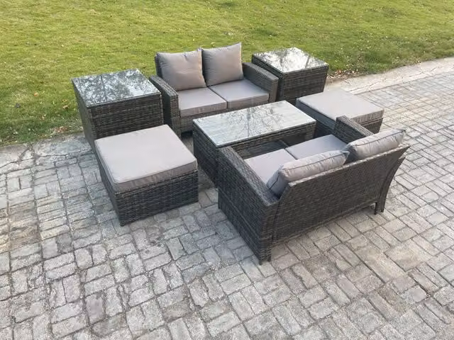 Fimous High Back Rattan Garden Furniture Set in Dark Grey with 3 Seater Sofa, 2 Seater Sofa, Coffee Table, 2 Side Tables and 2 Ottomans