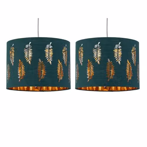 First Choice Lighting Set of 2 Fern Dark Green and Gold Round Fabric Pendant Lightshades, Diameter: 25 cm – 5