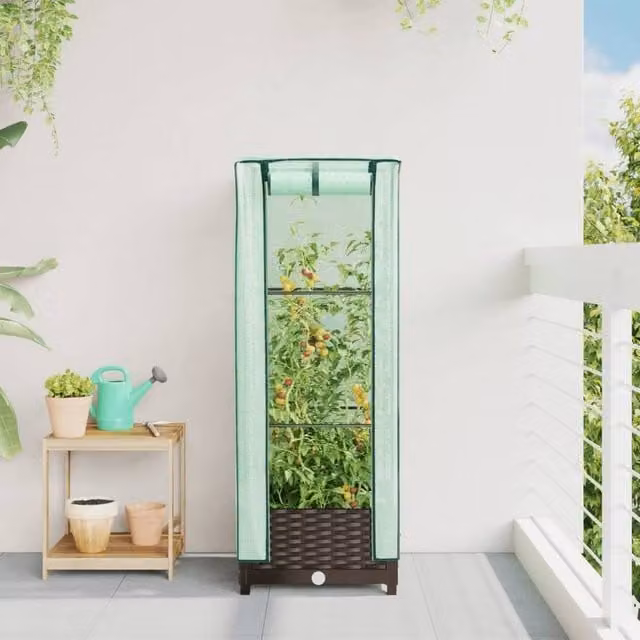 Berkfield Home Raised Bed with Greenhouse Cover in Brown Rattan Look, W/D/H: 40 x 40 x 123 cm – 1