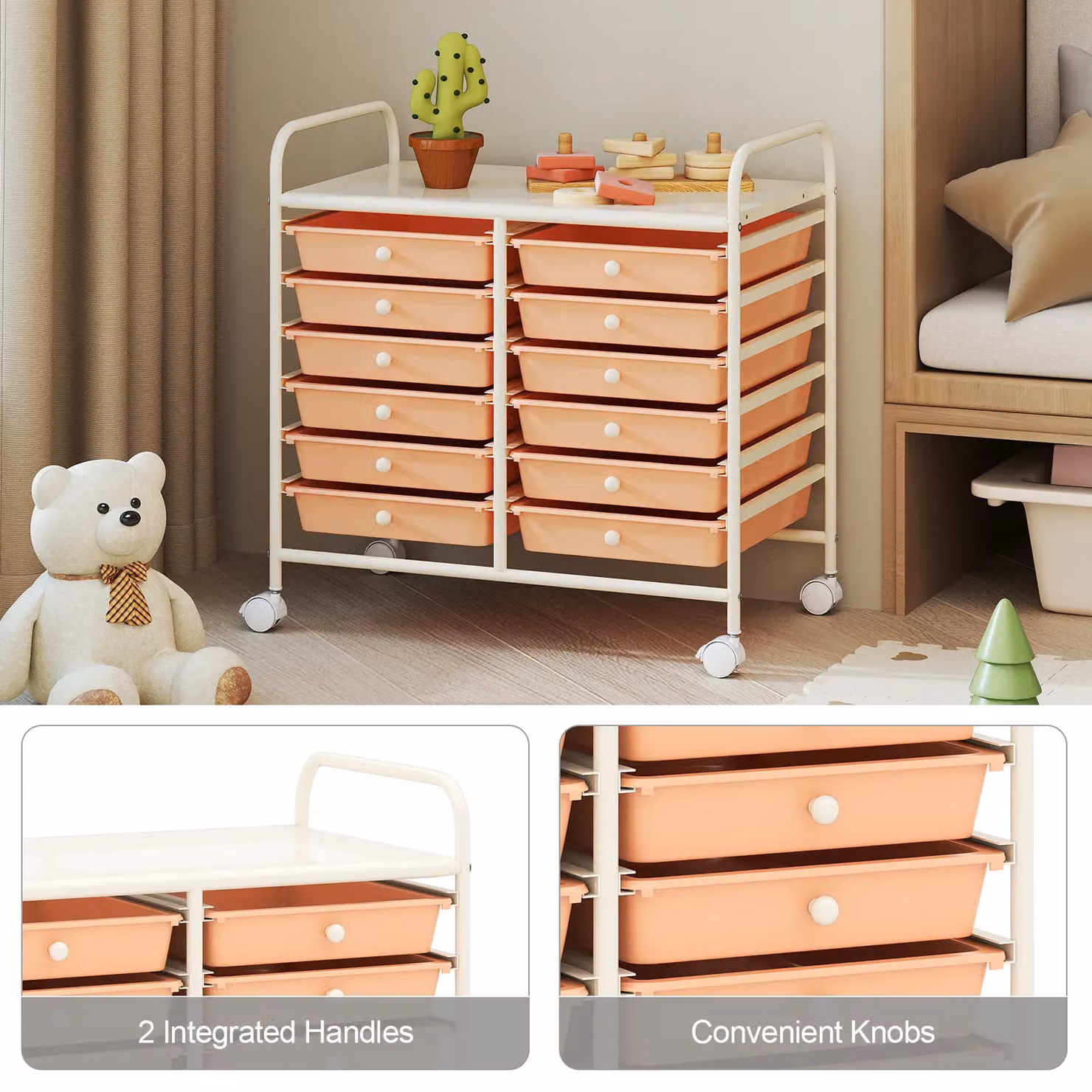 Gymax 12-Drawer Multi-Purpose Utility Storage Rolling Cart with Handles in Peach – 6