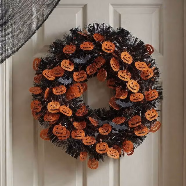 Garden Greatness Orange Multicolour Sparkling Pumpkin Bat Halloween Tinsel Wreath