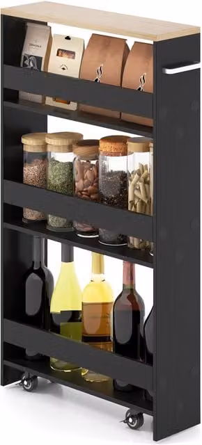 Costway 3-Tier Slim Rolling Kitchen Serving Cart with Open Shelves in Black – 1