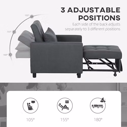 HOMCOM 3 in 1 Convertible Sofa Bed and Sleeper Chair in Grey Fabric with Solid Wood Frame – 6