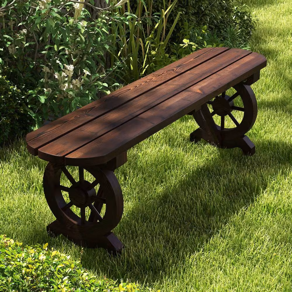 Costway 2-Seat Curved Garden Dining Bench in Brown Carbonised Wood with Wagon Wheel Base – 6