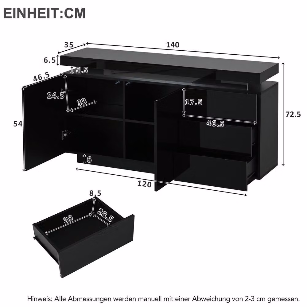 Rolipo Black High Gloss LED Sideboard with 2 Doors and 3 Drawers – 5