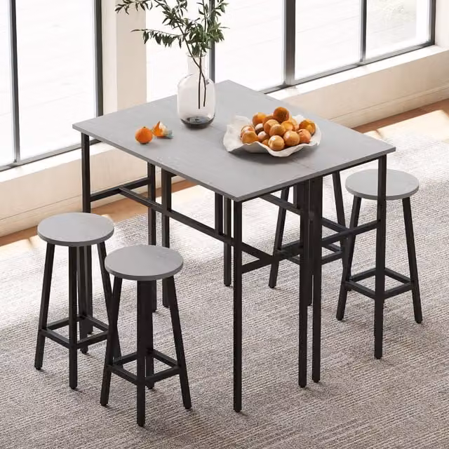 HOMCOM 6-Piece Bar Table Set with 2 Grey Breakfast Tables and 4 Stools for Kitchen, Living Room or Dining Room
