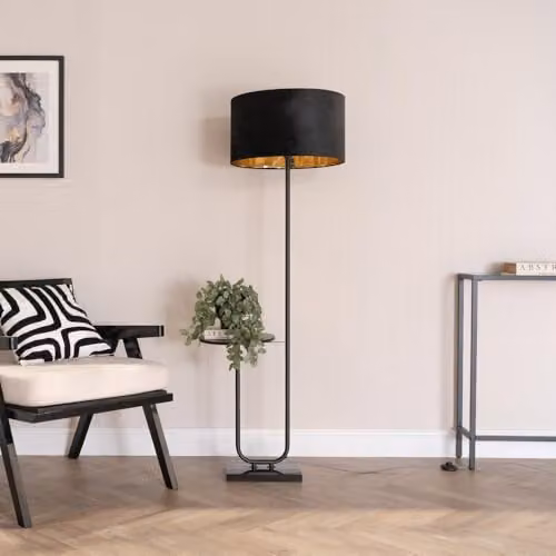 ValueLights Tavel Modern Metal Floor Lamp with Table, Black Velvet and Gold Inner Shade, and Warm White Bulb – 2