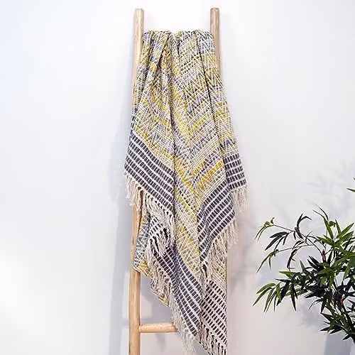 Allure Home Fashions Luxury Herringbone Throw Blanket with Tasseled Fringe, Yellow and Multicolour, W/D/H: 125 x 150 cm