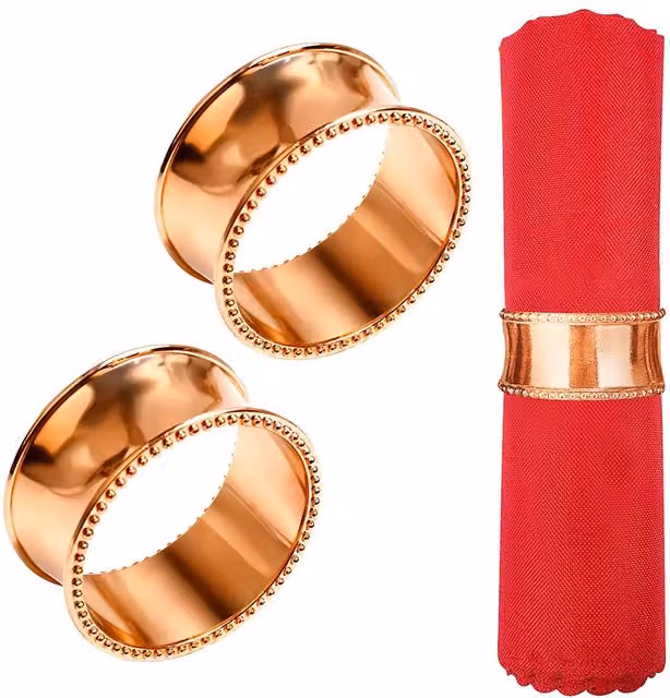 Neel Blue Christmas Beaded Rim Napkin Rings with Hammered Rose Gold Metal Buckles – 1