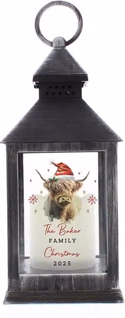 Personalised Memento Company Personalised Highland Cow Christmas LED Hanging Lantern in Black