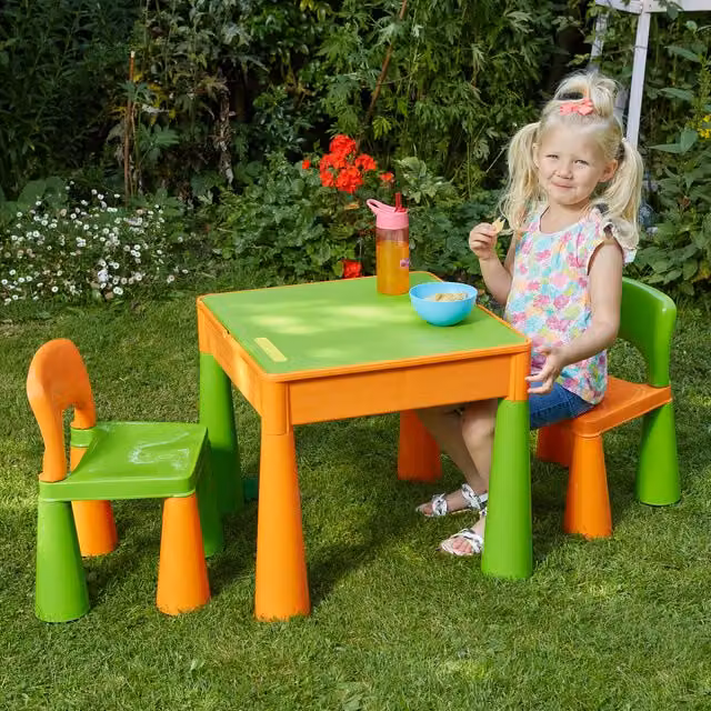 Liberty House Toys Kids 5 in 1 Activity Table and 2 Chair Set in Orange and Green