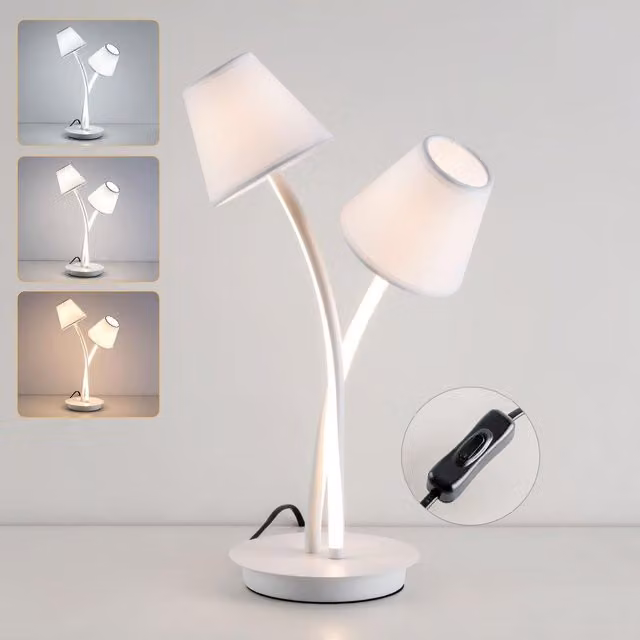 Harper Living LED Bedside Table Lamp with 2 White Vintage Fabric Lampshades – 1