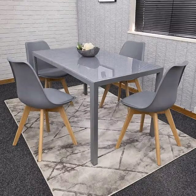 KOSY KOALA Modern Rectangular Grey Glass Dining Table Set with 4 Grey Metal Chairs, W/D/H: 140 x 70 x 75 cm – 1