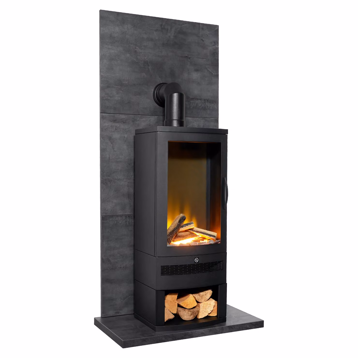 Acantha Tile and Hearth Set in Slate Effect with Horizon Stove and Log Storage, Black – 4