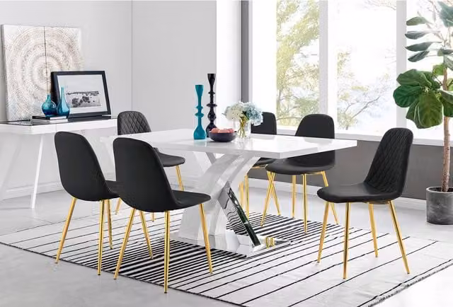 FurnitureboxUK Atlanta Modern High Gloss White Rectangular Dining Table and 6 Corona Gold Chairs Set in Black