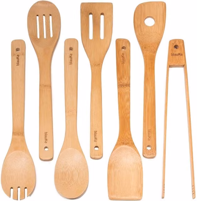 BlauKe 8-Piece Bamboo Wooden Kitchen Utensils Set with Holder, Non-Scratch, Beige
