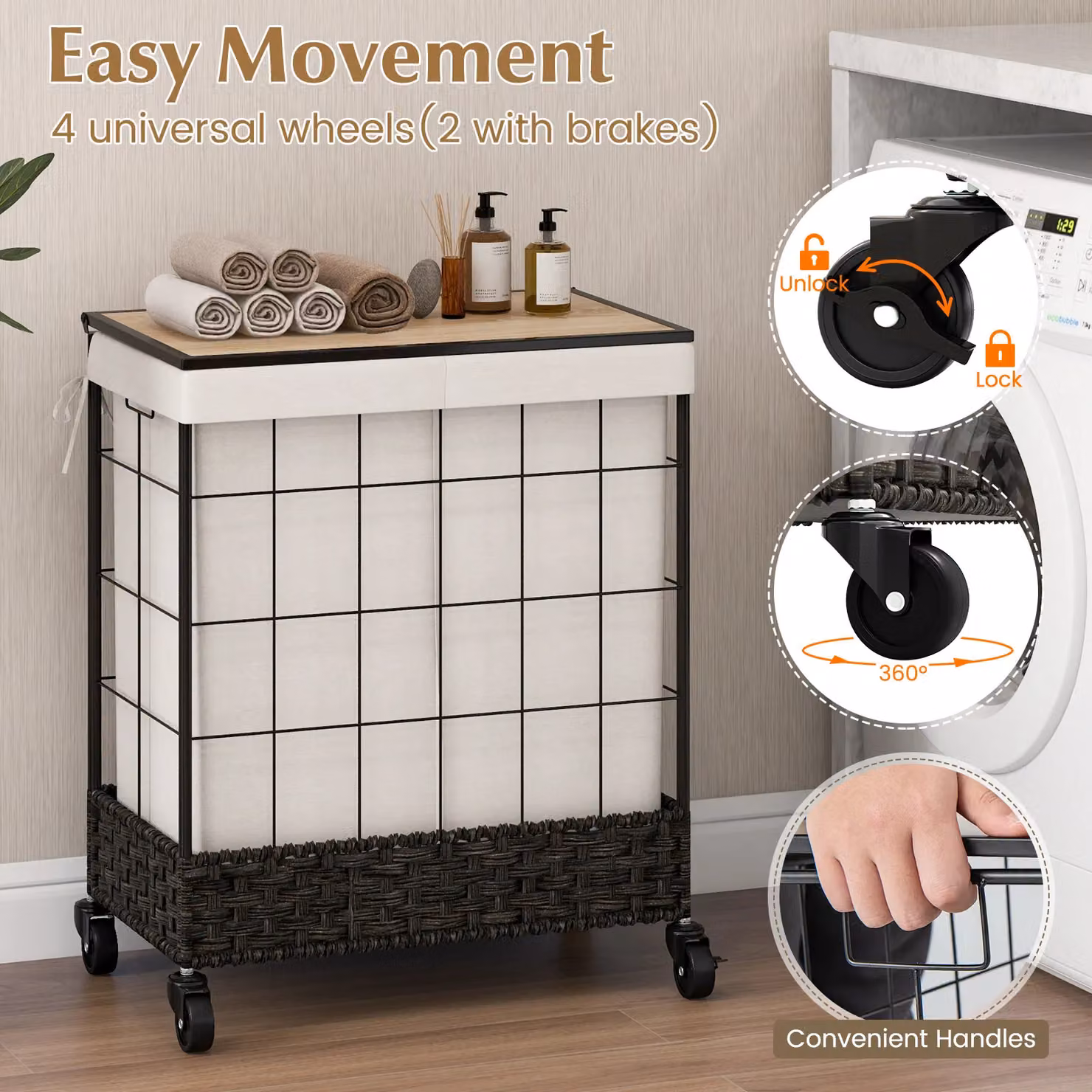 Costway 2 Section Handwoven Rattan Laundry Hamper with Lid and Wheels, Black, 130L Capacity – 2