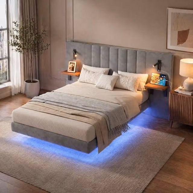 STILVORA Grey Velvet Upholstered Double Bed with LED Lighting, USB Charging Port and Bedside Shelves, W: 140 cm, D: 200 cm, H: 103 cm