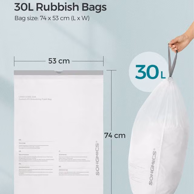 SONGMICS White Drawstring Bin Bags for 31L Kitchen Bins, Pack of 2