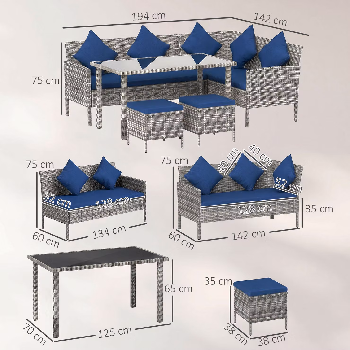 Outsunny 5 Piece Rattan Garden Furniture Set with Dining Table and Dark Blue Cushions – 3