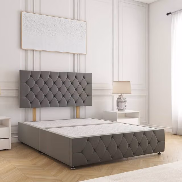 BSSPOKE Mulberry Plush Velvet Single Divan Bed with 24 inch Headboard in Grey, W/D/H: 90 x 190 cm