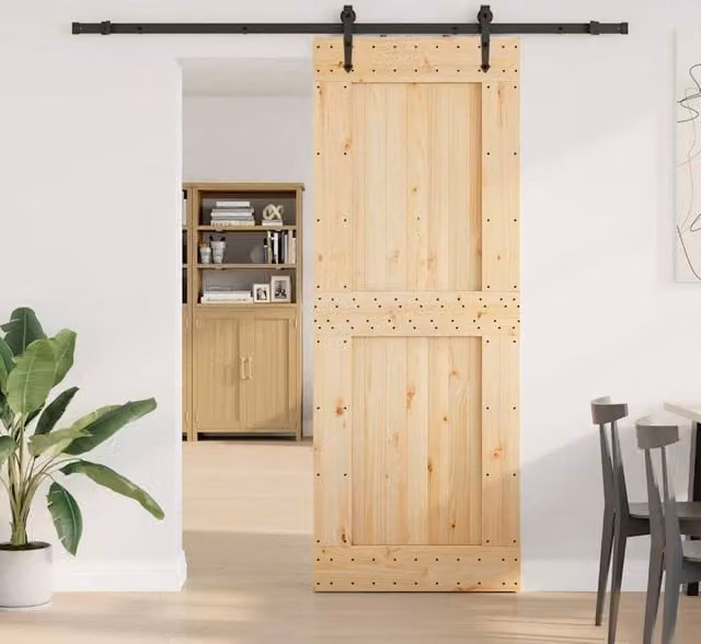 Berkfield Home Modern Sliding Door with Hardware Set in Beige Solid Wood and Steel, W: 85 cm, H: 210 cm – 1