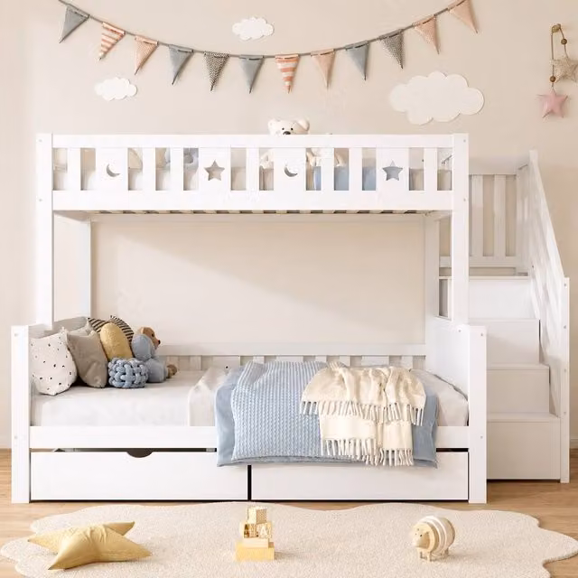 Merax White Solid Wood Single Over Double Bunk Bed with Stairs and 2 Drawers