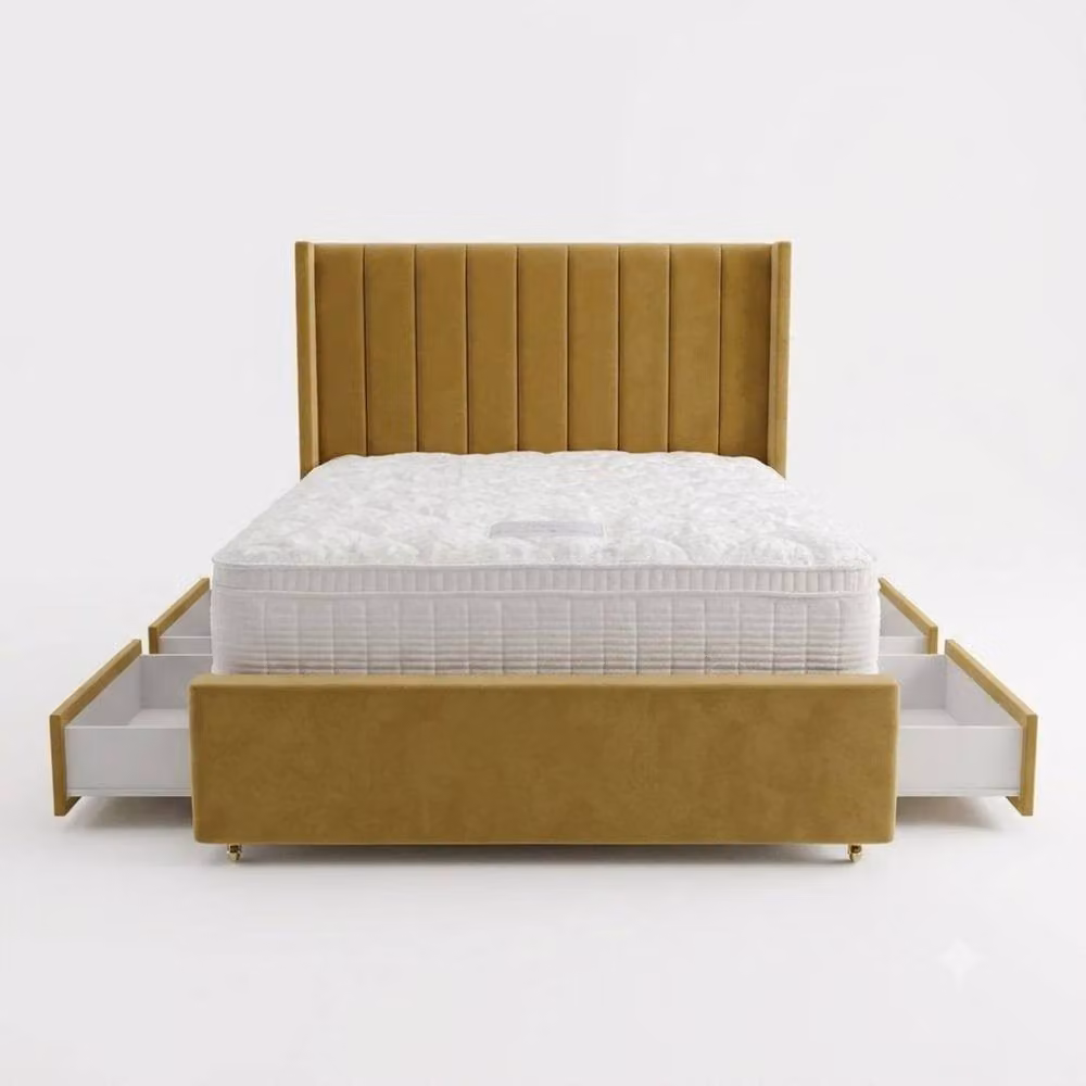 Stratus Interiors Oulton Wingback Divan Bed with Panel Headboard and 4 Drawers, Yellow, Super King, W/D/H: 200 x 200 x 35.56 cm – 2