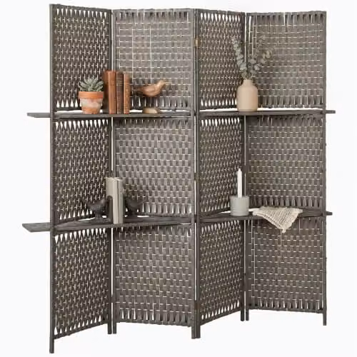 HOMCOM 4-Panel Folding Room Divider with Storage Shelves in Grey – 1