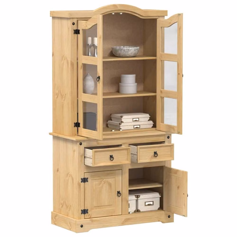Berkfield Home Corona Glass Display Cabinet in Brown Solid Waxed Pine, W/D/H: 100 x 48.5 x 179 cm – 2