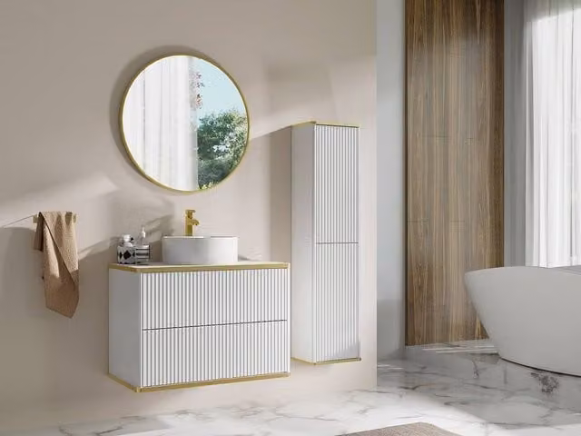 Vente-unique Striped Wall-Hung Bathroom Vanity Unit with Round Countertop Basin in White and Gold