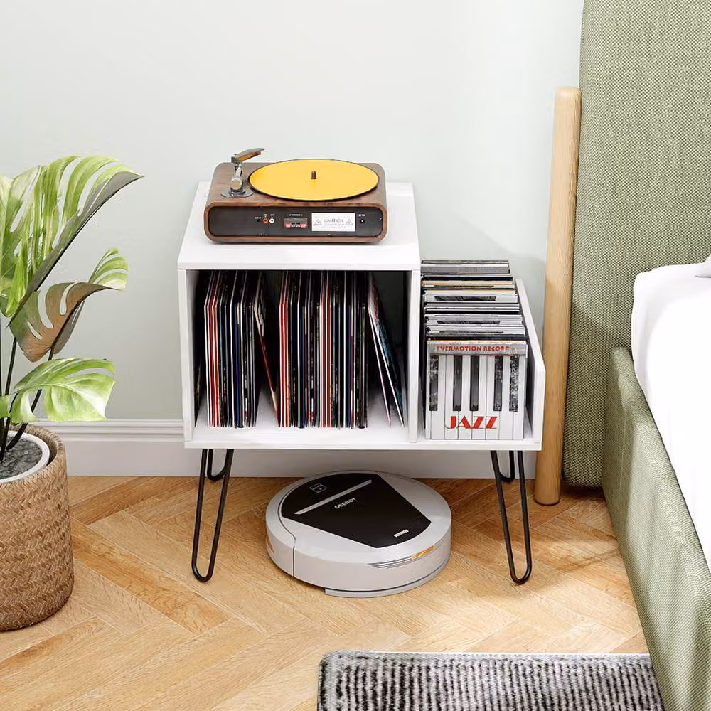 Gymax White Metal Turntable Stand with Power Outlet and Display Shelf – 4