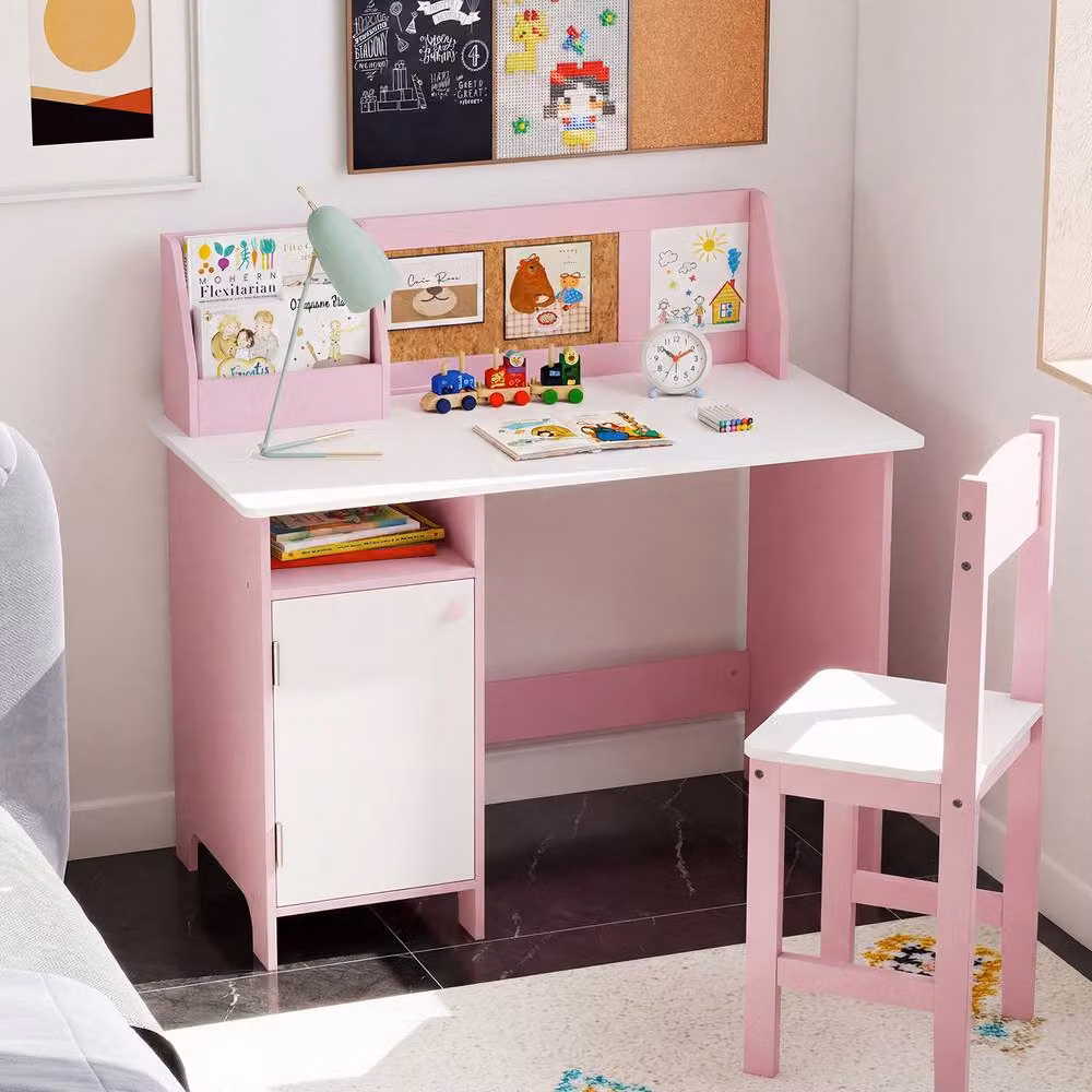 CASART Pink Wooden Kids Desk and Chair Set with Storage Cabinet and Pine Wood Study Table – 2