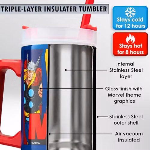 Get Trend Marvel Avengers Insulated Stainless Steel Tumbler with Straw and Handle, 920ml, Multicolour – 4