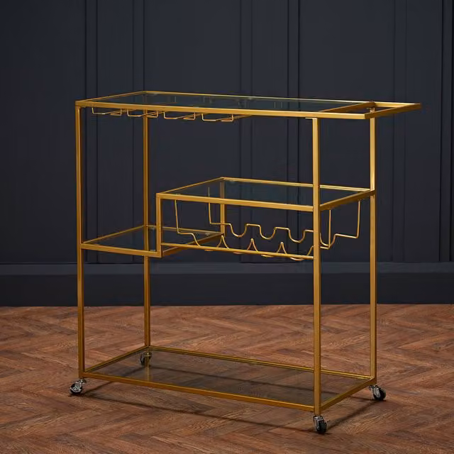 LPD Home Porter Drinks Trolley in Gold with Glass Shelves and Castors
