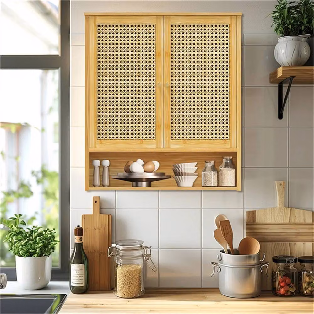 NESTLUNE Scandinavian Wall Mounted Bathroom and Kitchen Cabinet with 2 Natural Rattan Wood Doors – 3