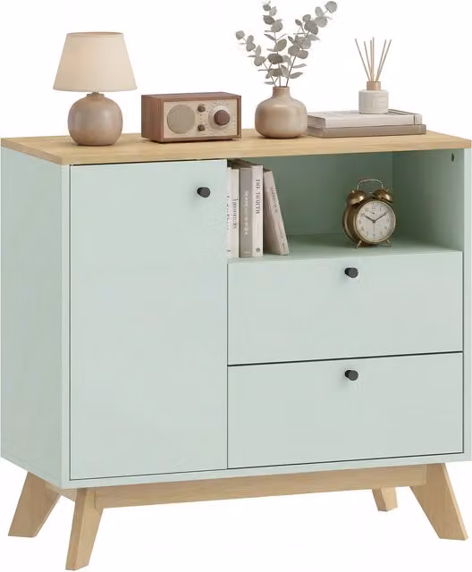 HOMCOM Modern Buffet Cabinet Sideboard with 2 Drawers in Light Green and Oak