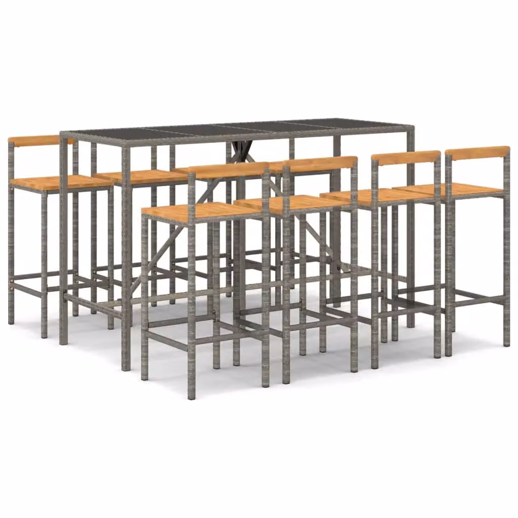 Berkfield Home 9 Piece Garden Bar Set in Grey Poly Rattan and Solid Acacia Wood – 2