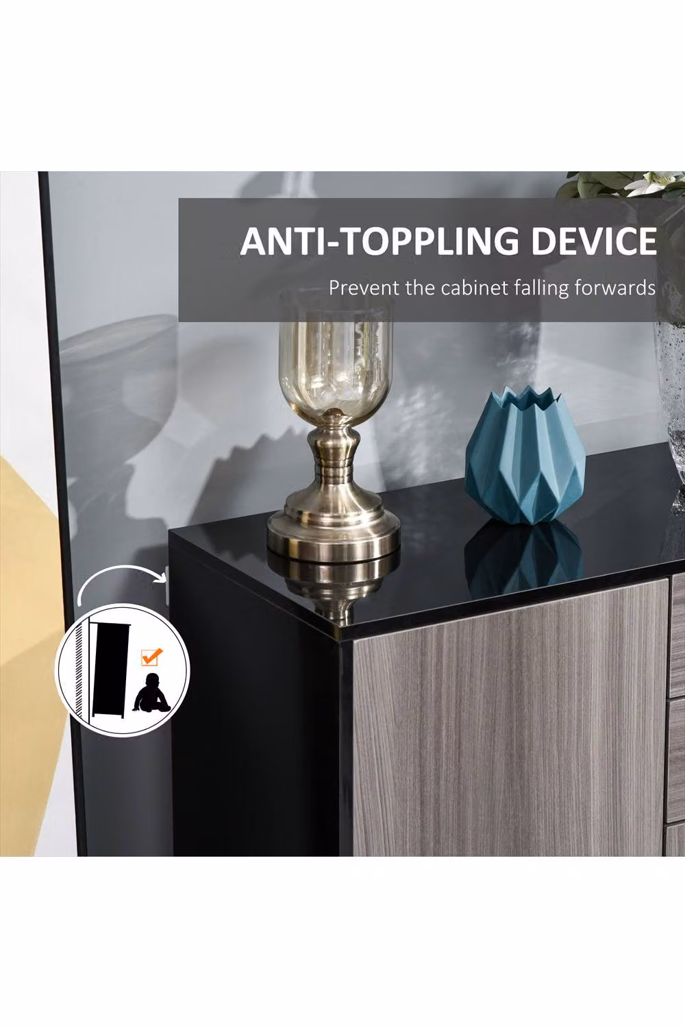 ERGOVEXA High Gloss Side Cabinet in Grey with 2 Drawers and Push-Open Design, W: 36.0 cm, D: 74.0 cm, H: 117.0 cm – 4