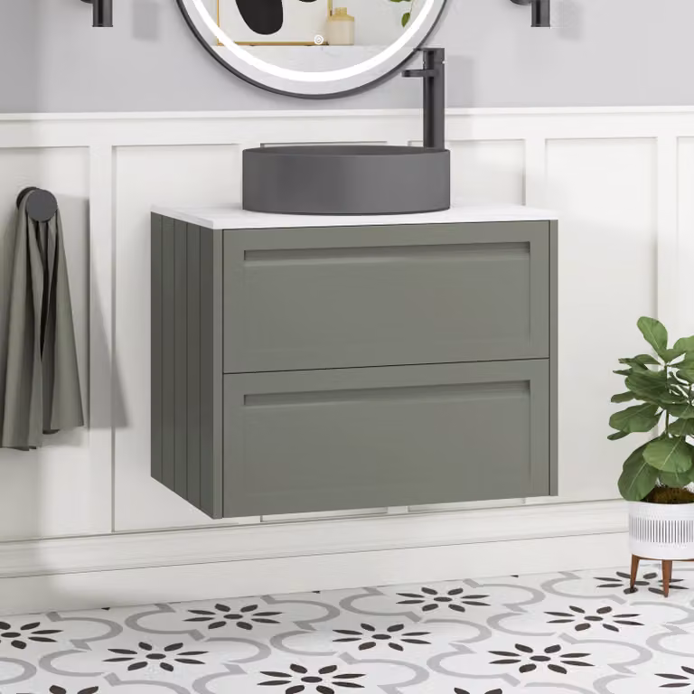 Royal Bathrooms Elmore Wall Hung Vanity Unit with 2 Drawers and Art Round Basin in Matt Green
